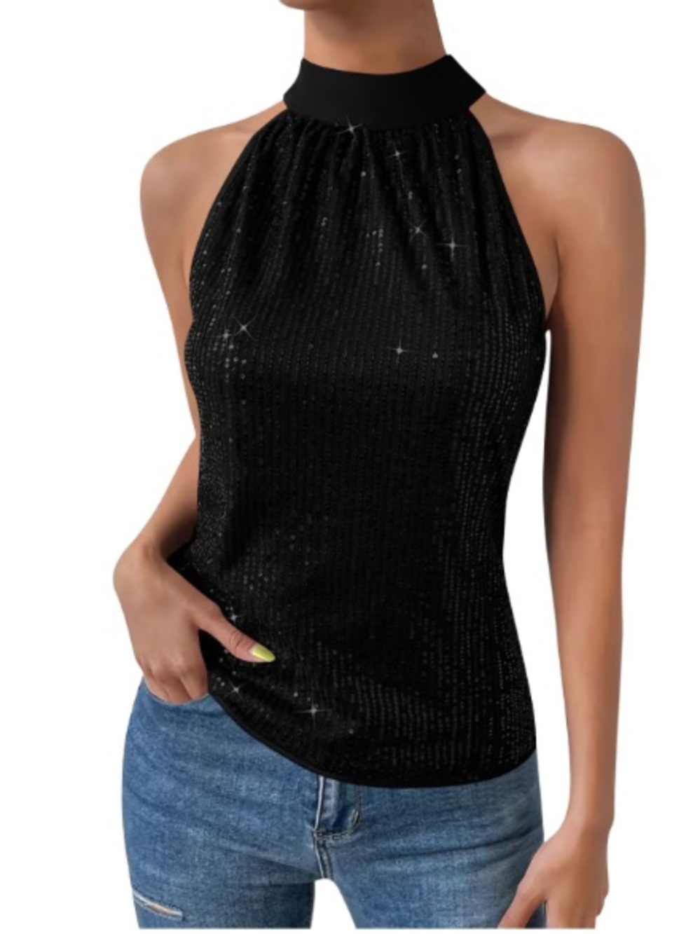 NWOT🌈 SHEIN Black Sequin Halter Sleeveless Top Ladies Clothes